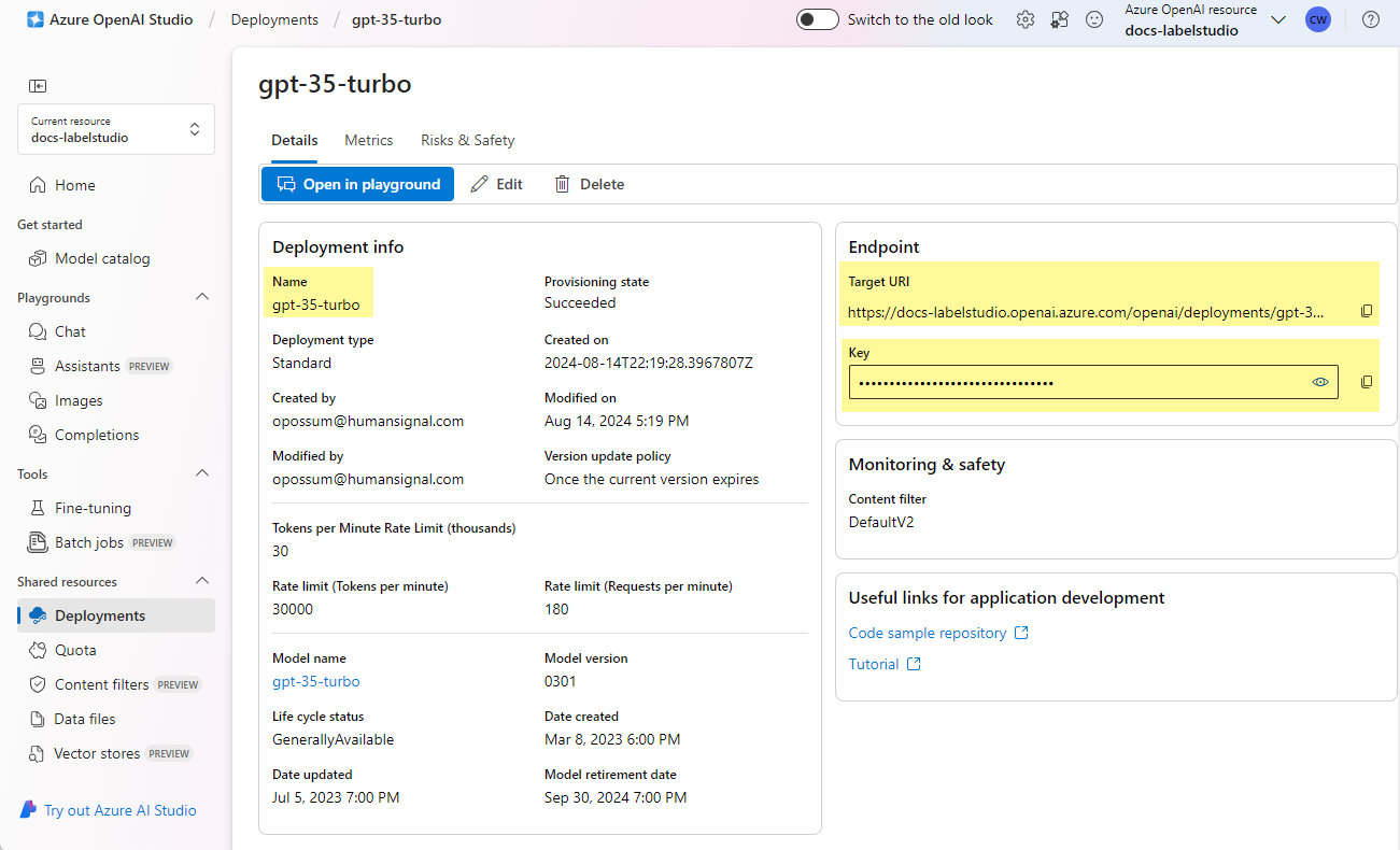 Screenshot of the Azure deployment details