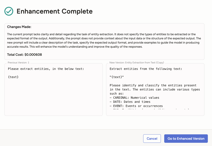 Screenshot of enhance prompt modal